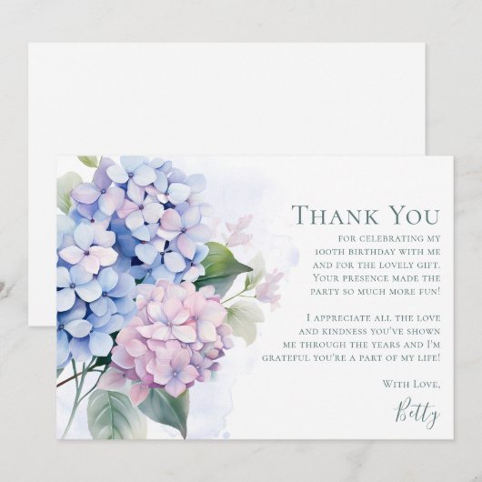 Pink Blue Hydrangeas 100th Birthday Dankeskarte (Vorne/Hinten)