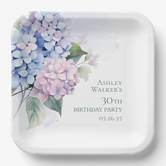 Pink Blue Hydrangeas 30. Geburtstag Pappteller (Vorderseite)
