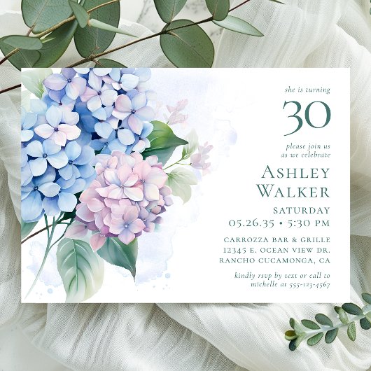 Pink Blue Hydrangeas 30. Geburtstag Party Einladung