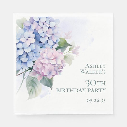 Pink Blue Hydrangeas 30. Geburtstag Party Serviette (Vorderseite)