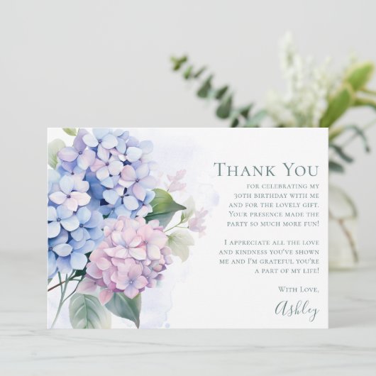 Pink Blue Hydrangeas 30th Birthday Dankeskarte (Stehend Vorderseite)