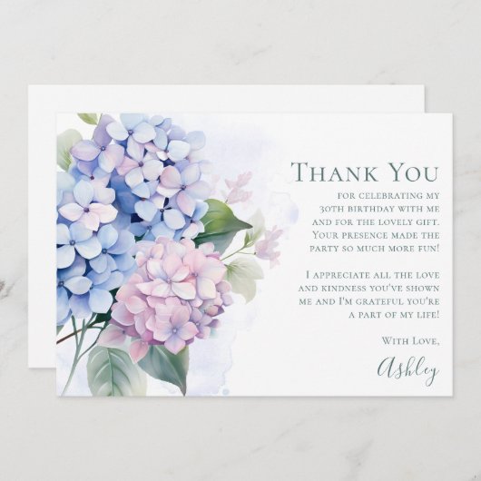 Pink Blue Hydrangeas 30th Birthday Dankeskarte (Vorne/Hinten)