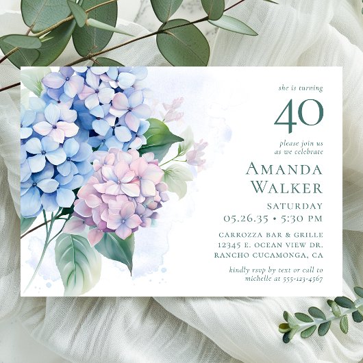 Pink Blue Hydrangeas 40. Geburtstag Party Einladung