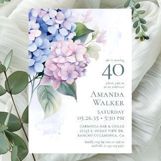 Pink Blue Hydrangeas 40. Geburtstag Party Einladung