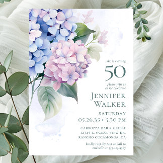 Pink Blue Hydrangeas 50. Geburtstagsparty Einladung