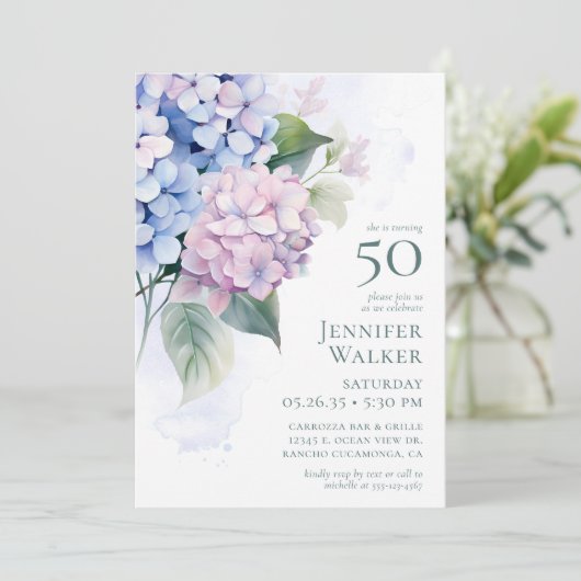 Pink Blue Hydrangeas 50th Birthday Card Request Einladung (Stehend Vorderseite)