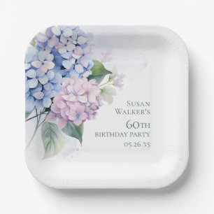 Pink Blue Hydrangeas 60. Geburtstag Pappteller