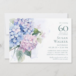 Pink Blue Hydrangeas 60. Geburtstagskarte Einladung