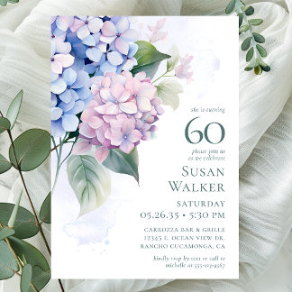 Pink Blue Hydrangeas 60. Geburtstagsparty Einladung