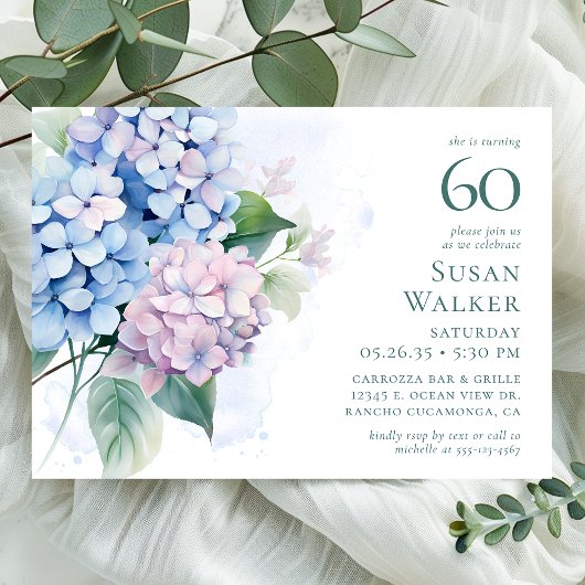 Pink Blue Hydrangeas 60. Geburtstagsparty Einladung