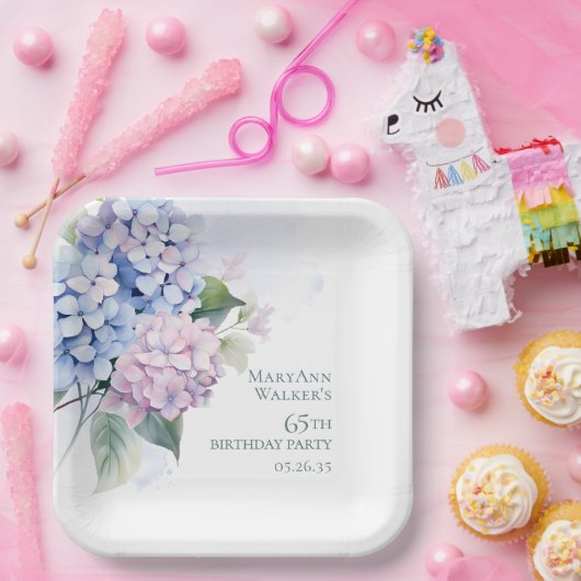 Pink Blue Hydrangeas 65. Geburtstag Pappteller (Party)