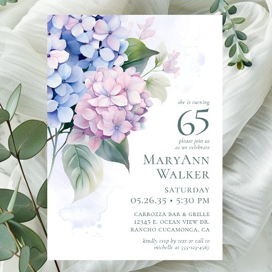 Pink Blue Hydrangeas 65. Geburtstagsparty Einladung