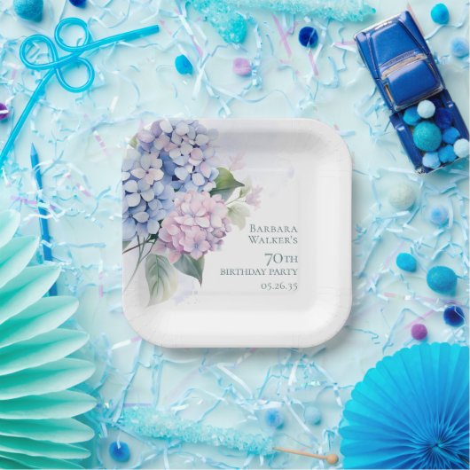 Pink Blue Hydrangeas 70. Geburtstag Pappteller (Party)