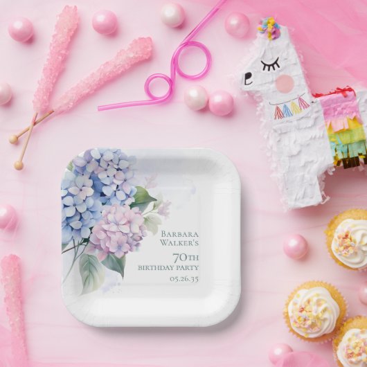 Pink Blue Hydrangeas 70. Geburtstag Pappteller (Party)