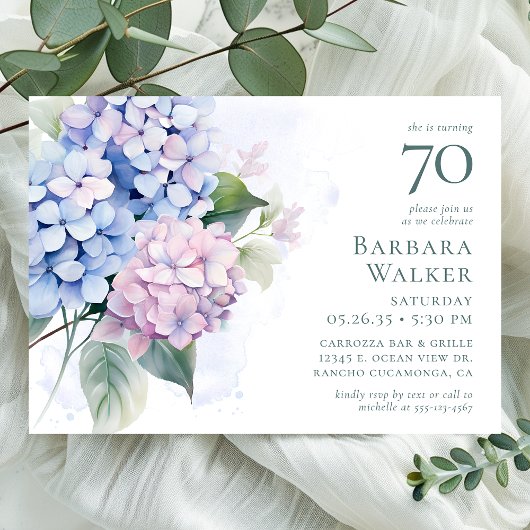Pink Blue Hydrangeas 70. Geburtstagsparty Einladung