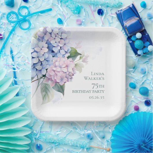 Pink Blue Hydrangeas 75. Geburtstag Pappteller (Party)