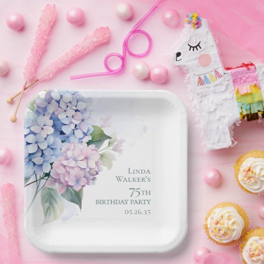 Pink Blue Hydrangeas 75. Geburtstag Pappteller (Party)
