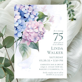 Pink Blue Hydrangeas 75. Geburtstagsparty Einladung