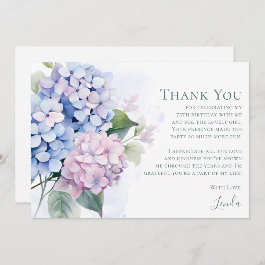 Pink Blue Hydrangeas 75th Birthday Dankeskarte (Vorne/Hinten)