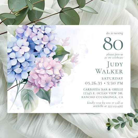 Pink Blue Hydrangeas 80. Geburtstagsparty Einladung