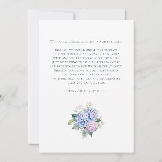 Pink Blue Hydrangeas 80th Birthday Card Request Einladung (Rückseite)