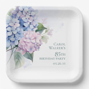 Pink Blue Hydrangeas 85. Geburtstag Pappteller