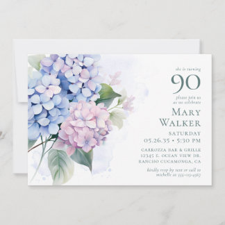 Pink Blue Hydrangeas 90. Geburtstagskarte Einladung