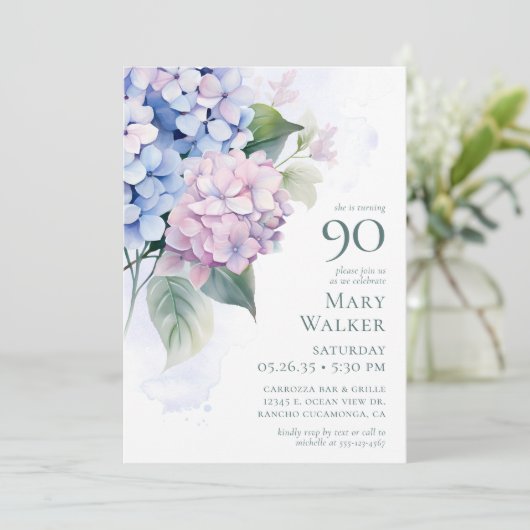  Pink Blue Hydrangeas 90th Birthday Card Request  Einladung (Stehend Vorderseite)