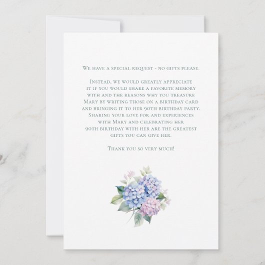  Pink Blue Hydrangeas 90th Birthday Card Request  Einladung (Rückseite)