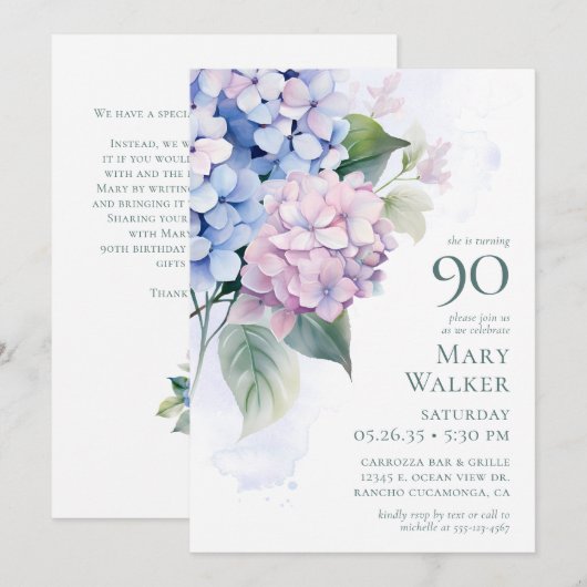  Pink Blue Hydrangeas 90th Birthday Card Request  Einladung (Vorne/Hinten)