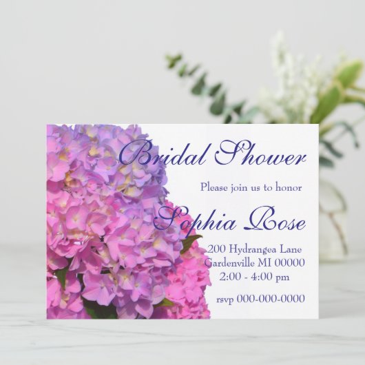 Pink Blue Hydrangeas elegante rosa violette Blumen Einladung (Stehend Vorderseite)