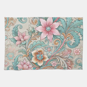 Pink Blue Indonesian Batik Floral Boho Watercolor Geschirrtuch