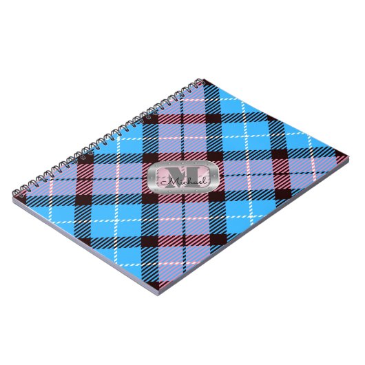 Pink Blue Kariert Tartan Metallic Monogram Script Notizblock (Linke Seite)