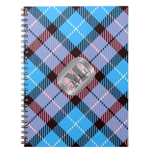 Pink Blue Kariert Tartan Metallic Monogram Script Notizblock (Vorderseite)