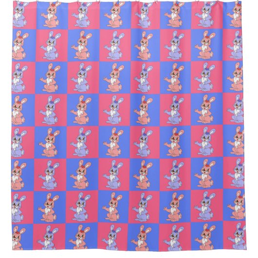 Pink Blue Kawaii Niedlich Checkered Bunny Rabbit Duschvorhang (Vorderseite)
