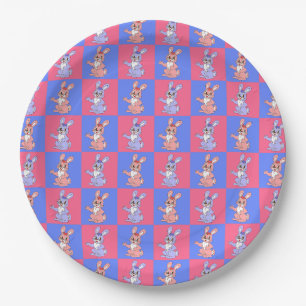 Pink Blue Kawaii Niedlich Checkered Bunny Rabbit Pappteller