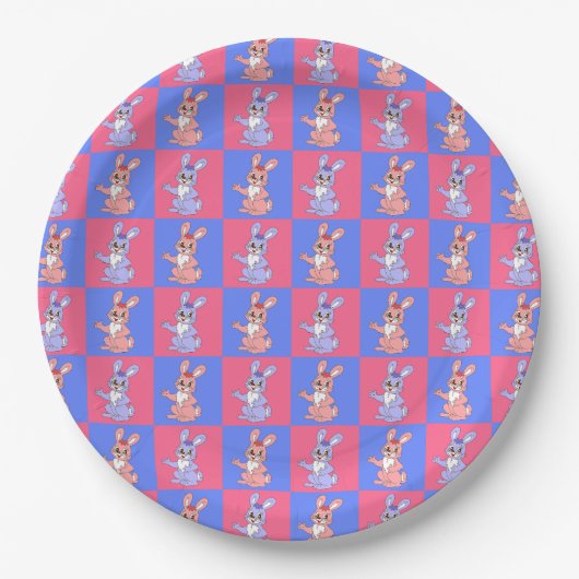 Pink Blue Kawaii Niedlich Checkered Bunny Rabbit Pappteller (Vorderseite)