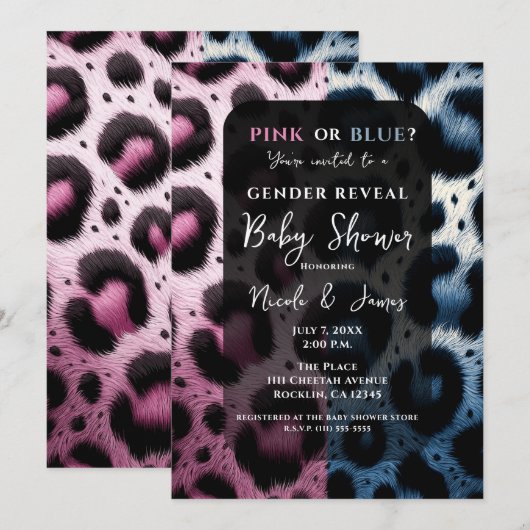 Pink Blue Leopard Print Gender Reveal Baby Dusche Einladung (Vorne/Hinten)
