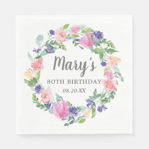 Pink Blue Lila Floral 80. Geburtstag Serviette