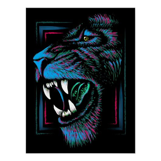Pink Blue Lion Head Illustration - Lion Poster (Vorderseite)