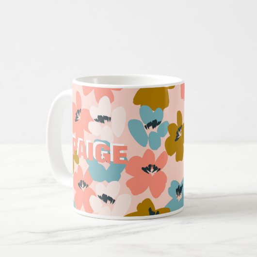 Pink Blue Monogram Blume Muster Tasse (Vorderseite Links)