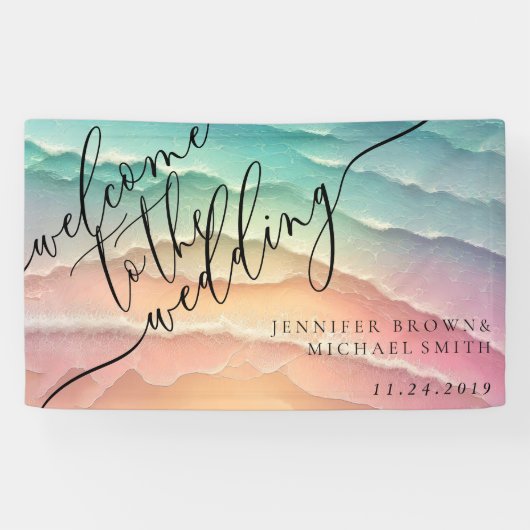 Pink Blue Ocean Beach Summer Party Willkommen Banner (Horizontal)