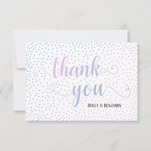 Pink & Blue Ombré Confetti und Script Baby Dusche Dankeskarte (Vorderseite)