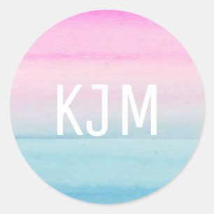 Pink Blue Ombre   Monogramm Runder Aufkleber