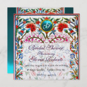 PINK BLUE ORIENTAL BLUME DAMASK MONOGRAM Pearl Einladung (Vorne/Hinten)