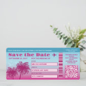 Pink Blue Palms Imitats Boarding Pass Save the Dat Einladung (Stehend Vorderseite)