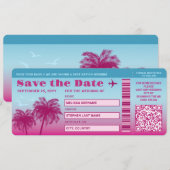 Pink Blue Palms Imitats Boarding Pass Save the Dat Einladung (Vorne/Hinten)