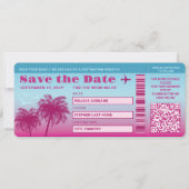 Pink Blue Palms Imitats Boarding Pass Save the Dat Einladung (Vorderseite)
