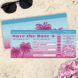 Pink Blue Palms Imitats Boarding Pass Save the Dat Einladung