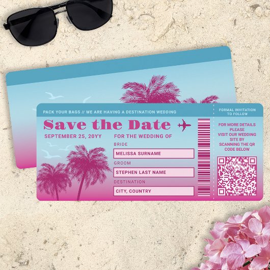 Pink Blue Palms Imitats Boarding Pass Save the Dat Einladung